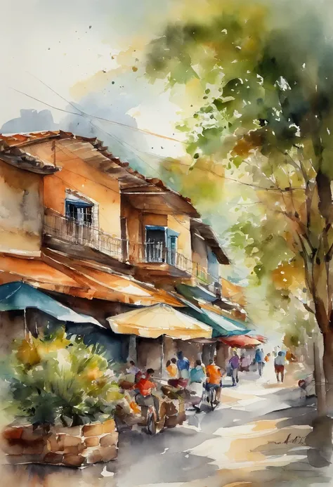 Draw a watercolor picture of Da Nang, a street corner with people and houses