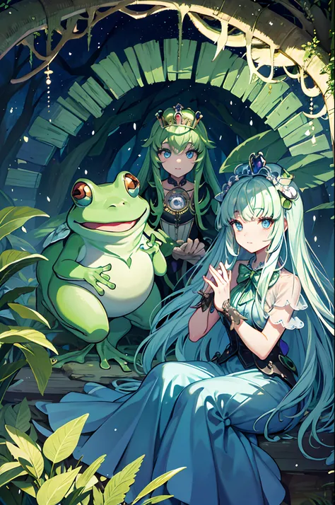 Crowned frog　frog　amphibians　Princess　the woods　toadstools　steampunc　childrens storybook　​masterpiece　Top image quality　Darken shading(light)　Clear　cinematic shadow　Increased attractiveness of the eyes　{Perfect face} 　Clear the shine of the eyes　Draw eyela...