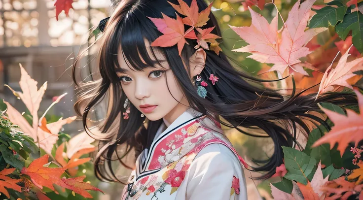 32K autumn view（tmasterpiece，k hd，hyper HD，32K）Long flowing black hair，ponds，zydink， a color， Autumn （Sensual girl）， （Blue and white silk scarf）， Combat posture， looking at the ground， long whitr hair， Floating hair， Carp pattern headdress， Chinese long-sl...