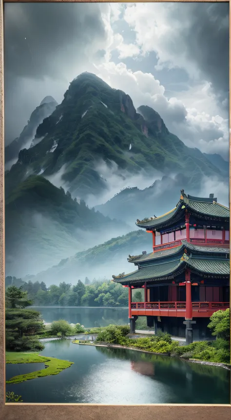 violent storm，dark stormy clouds，snow mountains，Chinese architecture，water，Lotus，High detail，lightand shade contrast，hyper HD，tmasterpiece，winning artwork，Best quality at best，A high resolution，16k