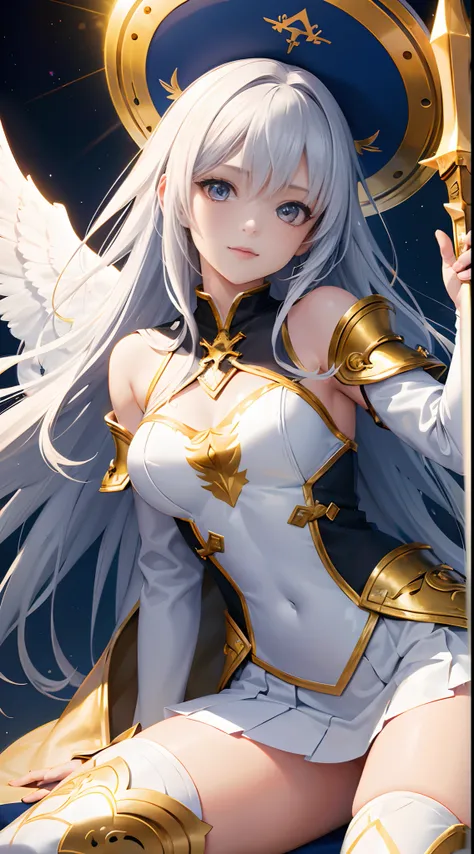 Full-body, silver-haired young girl, golden eyes, angelic body, and white armor with a mini skirt, wield a shield, wear a cloak and witch hat, sitting on the throne of golden sun, white wings, heavenly sun, and dawn background scene, the magic circle with ...