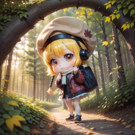 3D rendering, Q printmaking style,chibi,SOLO,A cute girl sticker, A cute girl wearing a beret,Maple forest in autumn，Scattered maple leaves，Soft sunshine，Soft light