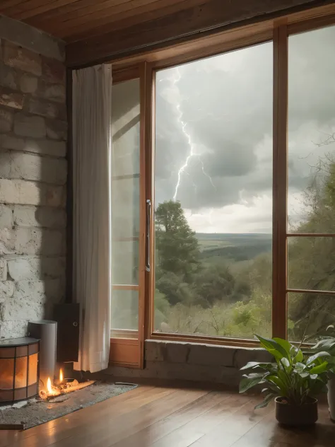 violent storm，dark stormy clouds，floor to ceiling window，sofe，fireplace，baby cats，A plant，the woods，hilltop，High detail，lightand shade contrast，hyper HD，tmasterpiece，winning artwork，Best quality at best，A high resolution，16k