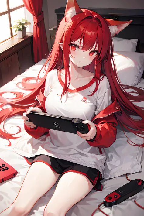 Red long-haired，Red fox ears，Golden eyes，Lying in bed playing games，gaming console