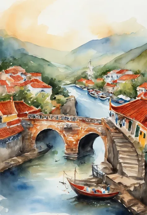 Watercolor painting of Dragon Bridge in Danang, with vehicles, rivers and boats