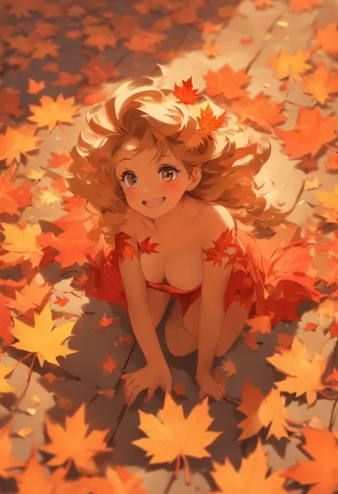 A girl lies on the ground, Hold a maple leaf to cover your face, cute big breasts，Lively Ultra-clear details., Maple leaves are scattered all over the place, warm color, top views