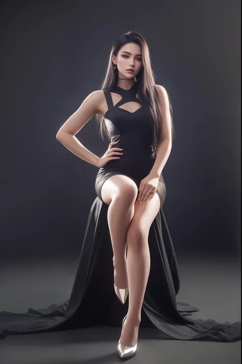 A 18 years old woman in a black dress posing for a picture, stunning elegant pose, posing in dramatic lighting, elegant posed, beautiful woman in a black dress, glamorous fashion pose, full body portrait shot, glamour pose, full body photoshoot, young sens...