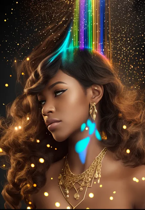 A black woman wearing african designed clothes standing in a dark area, with shining particles falling from up, tiny particles shining beautifully, with iridescent light, photorealistic image, 32k, ultra HD, cinematic lighting, artgerm style, highly detail...