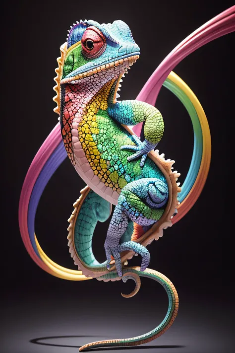 (Masterpiece), (Best Quality), (Ultra high Detailed), chameleon, rainbow color, full body shot