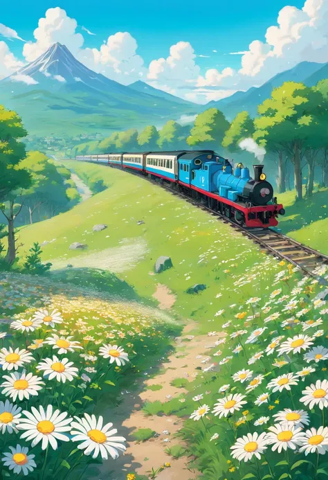 Illustration for the cartoon. A train collects daisies in a meadow