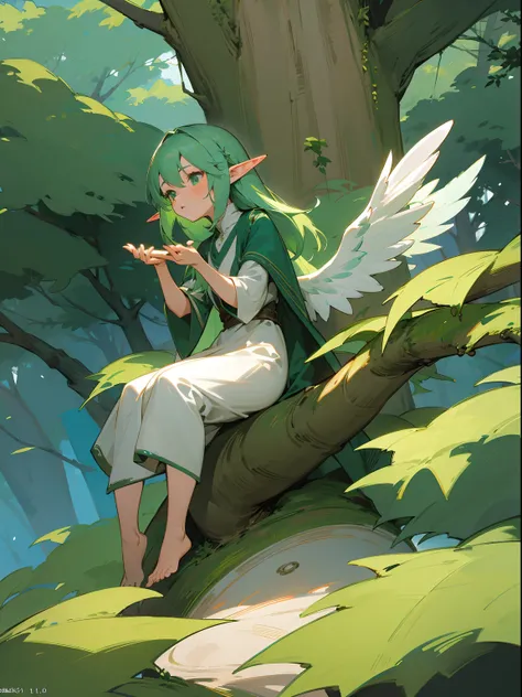 [Anime 1.5], [Elf 1.5], [Forest Spirits 1.5], many spirits, One elf, Highly detailed, green hair, sitting on a tree in Forest, Spirits flying around, cute