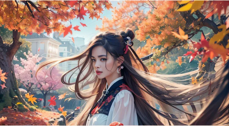 32K autumn view（tmasterpiece，k hd，hyper HD，32K）Long flowing black hair，ponds，zydink， a color， Autumn （Sensual girl）， （Blue and white silk scarf）， Combat posture， looking at the ground， long whitr hair， Floating hair， Carp pattern headdress， Chinese long-sl...