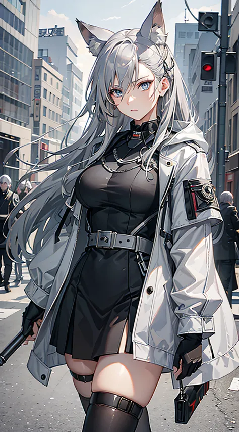 (best quality, realistic), 1girl, silver hair, jacket, wolf ears, coat, military uniform, original, blue eyes, standing, looking...