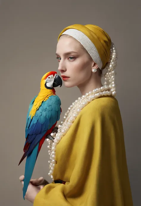 A parrot with a pearl earring, vermeer style, 12K, high quality, HD, octane render