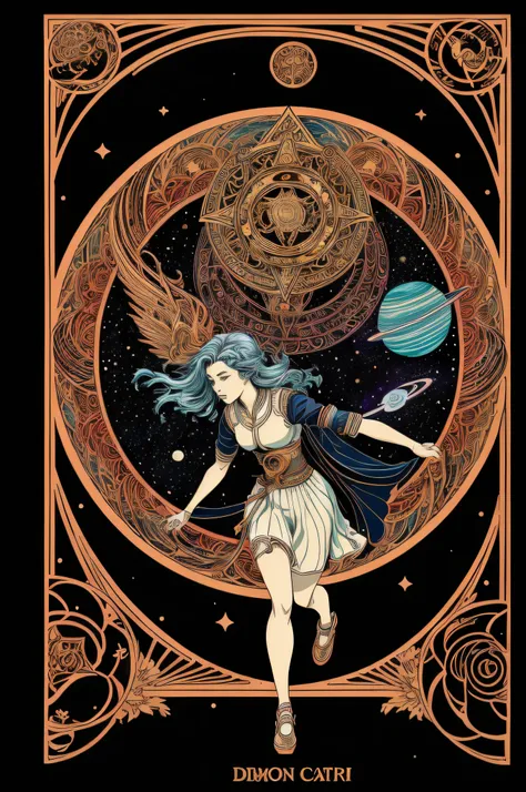 girl, , chased by demon, tarot card, masterpiece, best quality, 4k, tarot card art, line art, clean line art, space-themed coloring mandala, colorful, simple and clean line art, adorned in Art Nouveau style, Genshin,