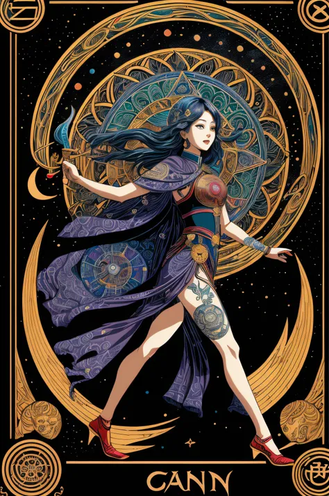 girl, , chased by demon, tarot card, masterpiece, best quality, 4k, tarot card art, line art, clean line art, space-themed coloring mandala, colorful, simple and clean line art, adorned in Art Nouveau style, Genshin,