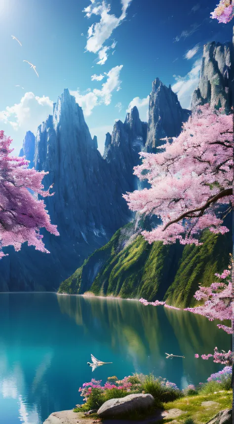 masterpiece, best quality, high quality, extremely detailed CG unity 8k 16:9 wallpaper, scenery, outdoors, sky, cloud, day, no humans, mountain, small birds , lily lake,landscape, water, cherry trees, blue sky, high waterfall, high cliff, nature, lake, riv...