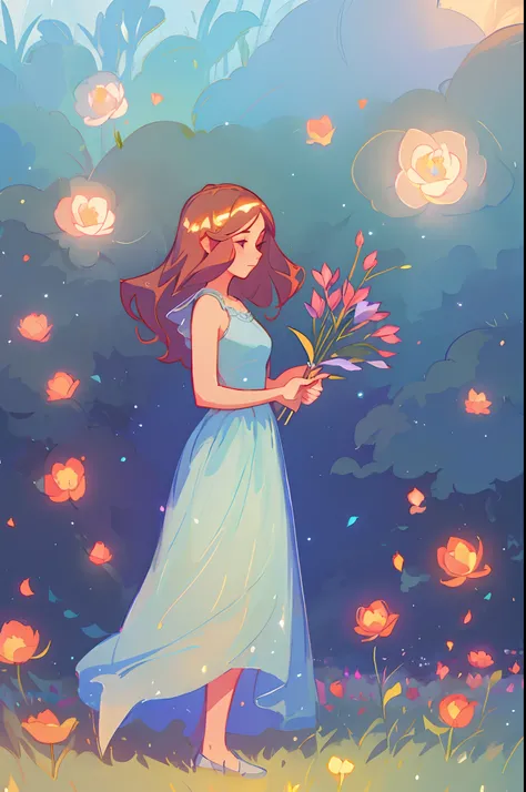 there is a woman in a blue dress walking through a field, lady with glowing flowers dress, inspired by Lois van Baarle, flowers, beautiful, dreamy, glowing flowers, in the art style of bowater, persephone, disney anime art styles, (masterpiece, best qualit...