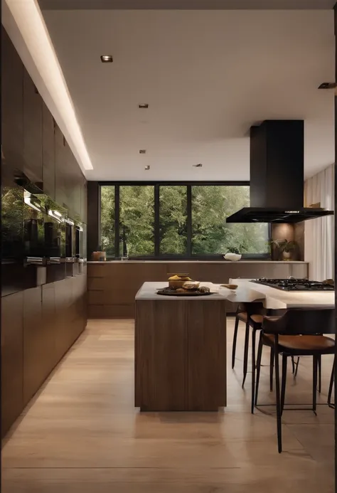 modern kitchen，Gorgeous renovation，refrigerator，cupboard，Wide scene，in a panoramic view，From the outside, hyper HD, High details