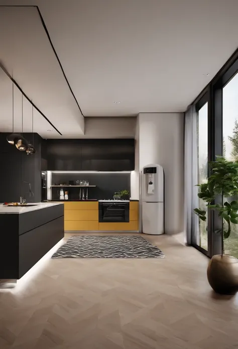 Zaha，modern kitchen，Gorgeous renovation，refrigerator，cupboard，Wide scene，in a panoramic view，From the outside, hyper HD, High details