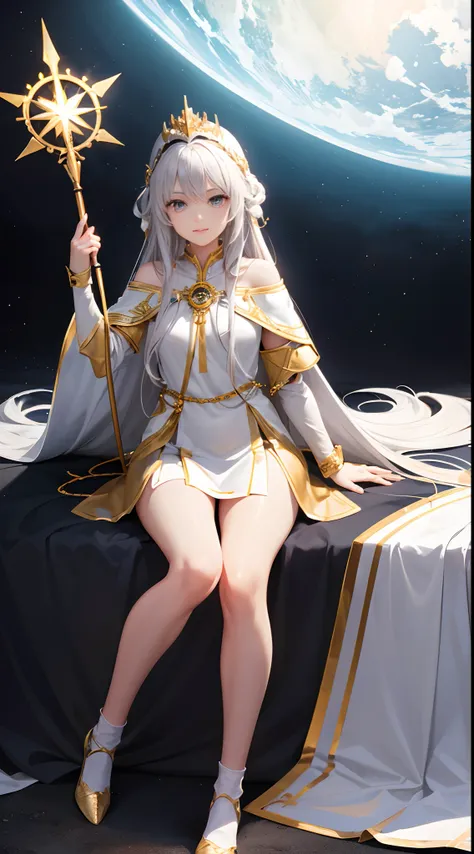 Full-body, silver-haired young girl, golden eyes, angelic body, and white armor with a mini skirt, wield a spear, wear a cloak and golden crown, sitting on the throne of golden sun, white wings, heavenly sun, and dawn background scene, the magic circle wit...