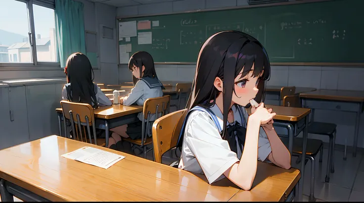 [Anime 1.5], [School girls 1.5], 4 girls sitting in table, eating, schoolgirl dress, cute and beautiful