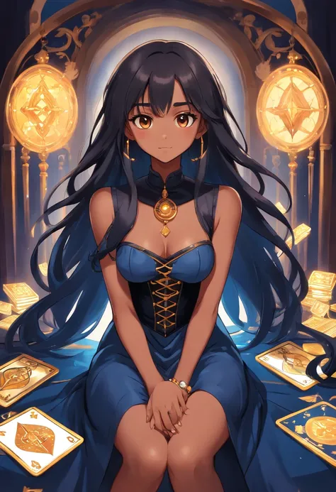 Tarot card reader girl, (Caramel Brown skin Black girl moor, long black hair::8 ), dark blue dress with corset, Full slim Body, colors bright, risa loca, malvada, Hair::-10