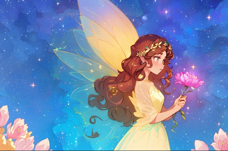 beautiful fairy girl holding glowing flowers, space flower fairy, beautiful fairy, beautiful digital illustration, anime disney art style, brunette fairy woman, fairy wings, (masterpiece, best quality), 8k resolution, sharp focus, highly detailed, intricat...