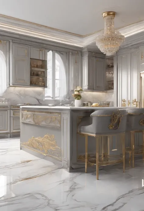 Masterpiece, Modern kitchen space, Luxurious, Noble interior design, Royal Space, ((Super detail :1.3))), Neoclassical style design, Neoclassical interior Modern fusion, Kitchen interior space with table and chairs, Kitchen details, Luxurious aristocratic ...