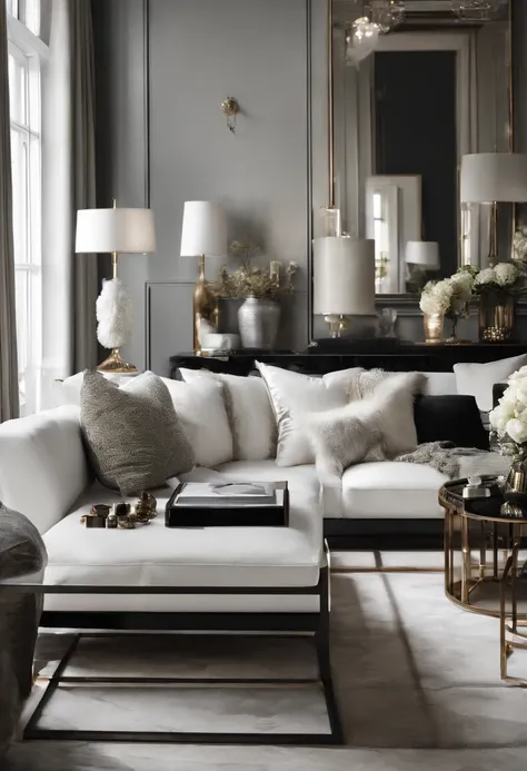 white colors，greys，black in color，Beautiful living room，Fashionab，Simple，metals