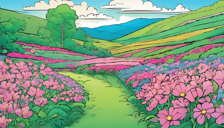 Fields full of flowers，Flowers，Blue sky，​​clouds，green color，in pink，Black lines