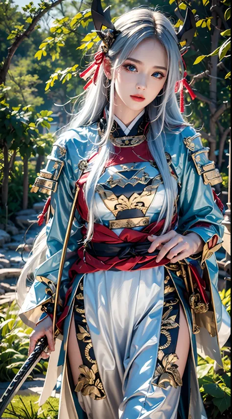 photorealistic, masterpiece, photorealistic, high resolution, soft light, hips up, blue eyes, white hair, long hair, Intricate details EABA, cloaks, spear, Samurai, Armor, Japanese Katana Sword, warrior, samurai helmet