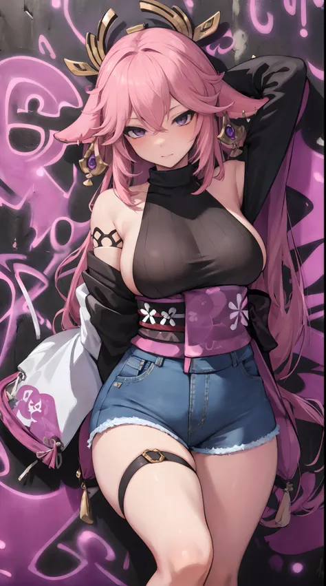 Yae Miko|genshin impact, master-piece, bestquality, 1girls,25 years old, kimono, shorts jeans, Beautiful breasts, bara, Long Jeans, (Graffiti:1.5), Splash with purple lightning pattern., arm behind back, against wall, View viewers from the front., Thigh st...