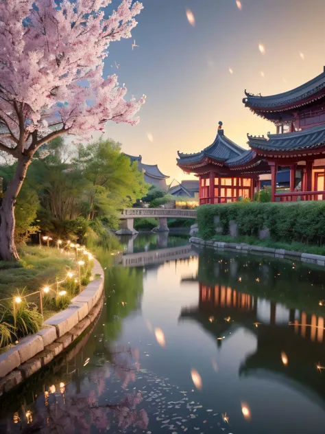 tmasterpiece，Best quality at best，Extremely beautiful reflection，The best reflections。（Very detailed CG unity 8K wallpaper），（Best quality at best），（The best illustrations），（The best shadow），Delicate makeup，Quiet Jiangnan water town，Supai architecture，Beaut...