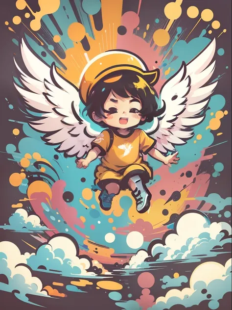 vector art, Colorful graffiti illustration, Cute cartoon angel on a cloud, in the center, Bright colors, paint splashes and blots, Adobe Illustrator, high detail, whitebackground