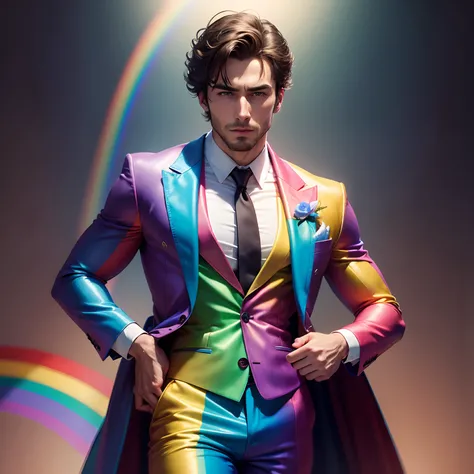 Handsome actor in a rainbow suit