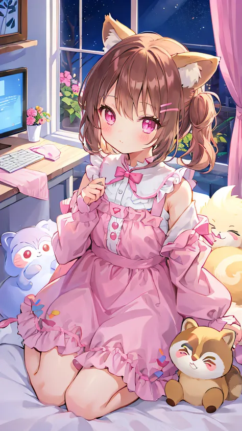 Beautiful illustration、top-quality、Cute little girl s、Bedroom、PastelColors、Fluffy raccoon ears、小柄、brown haired、Bright lighting、bright pink eyes、Pony tail