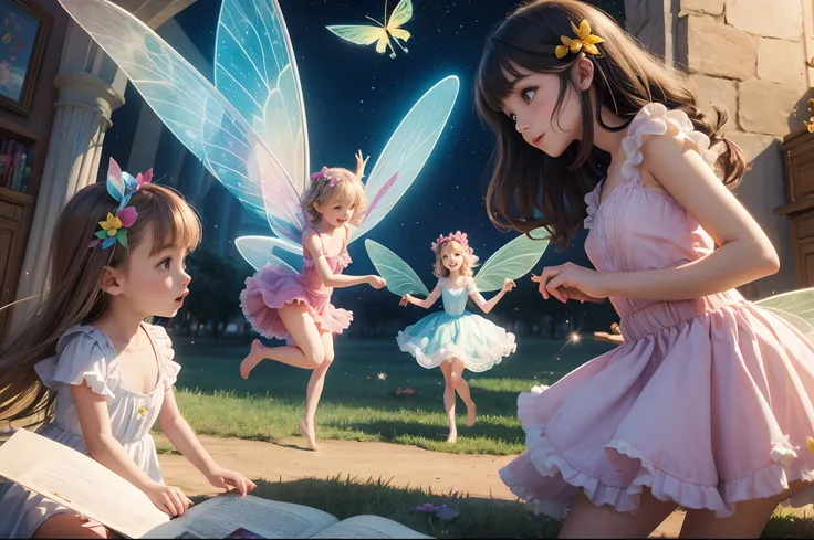 Girls and fairies with delicate wings, dancing over a rainbow, childrens book illustration, 3d, whimsical, funny.