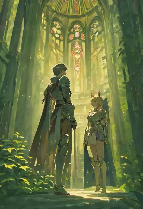 knight in metal armor looking at a princess in dress, they are off in the distance of a lush forest of trees landscape shot, painting with pallet knife and brush strokes, unreal engine, alphonse mucha style, makoto shinkai and lois van baarle style, global...