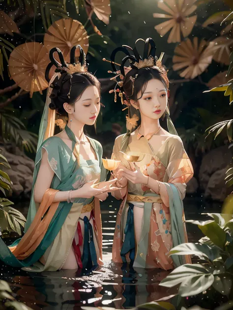 tmasterpiece，Best quality at best，Extremely beautiful reflection，The best reflections。（Very detailed CG unity 8K wallpaper），（Best quality at best），（The best illustrations），（The best shadow），Girls in Dunhuang costumes dancing in the forest，Delicate makeup，Q...