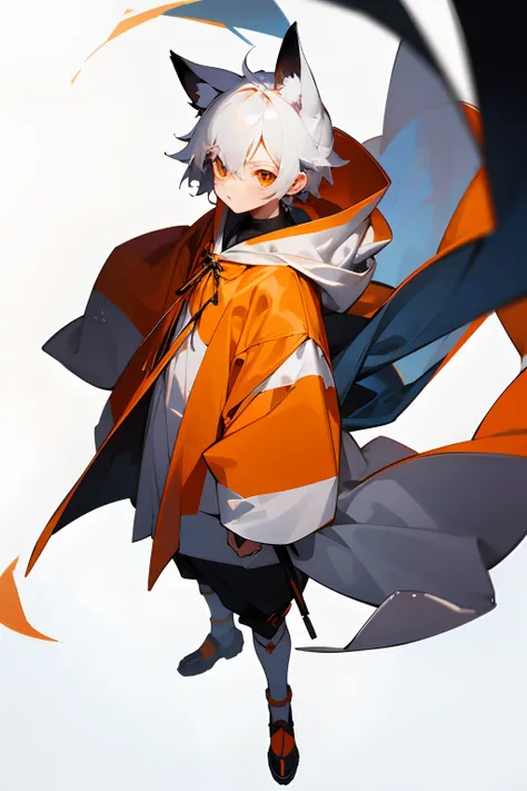 white  hair、Orange eyes、Hood from the top of the foxs ears、cute little、male child、Standing Picture