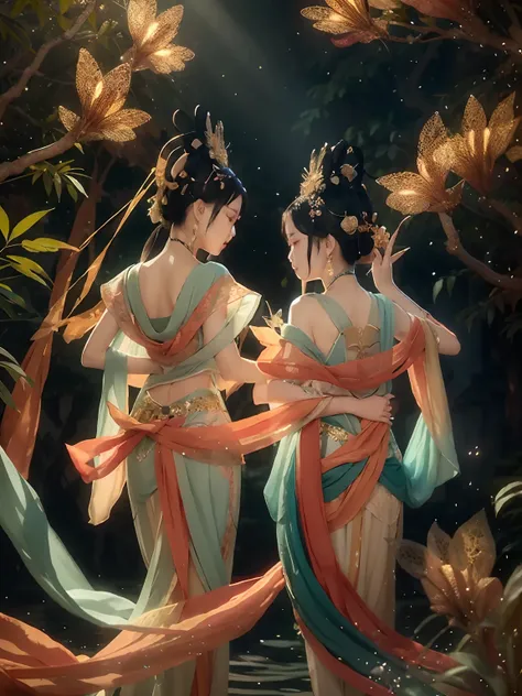 tmasterpiece，Best quality at best，Extremely beautiful reflection，The best reflections。（Very detailed CG unity 8K wallpaper），（Best quality at best），（The best illustrations），（The best shadow），Girls in Dunhuang costumes dancing in the forest，Delicate makeup，Q...