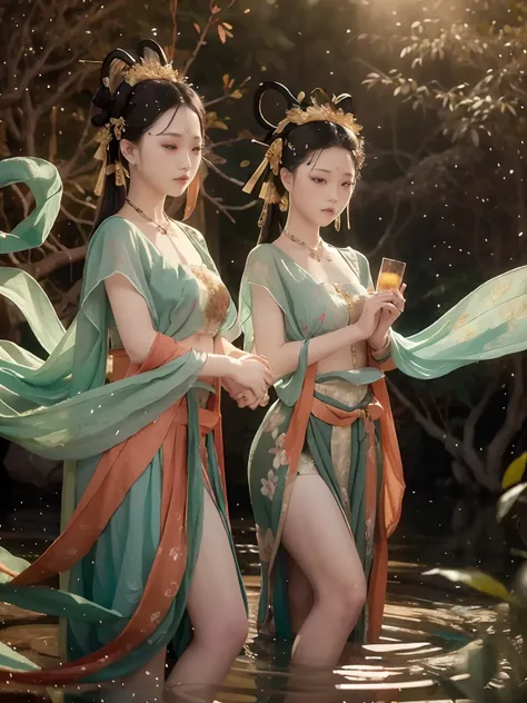 tmasterpiece，Best quality at best，Extremely beautiful reflection，The best reflections。（Very detailed CG unity 8K wallpaper），（Best quality at best），（The best illustrations），（The best shadow），Girls in Dunhuang costumes dancing in the forest，Delicate makeup，Q...