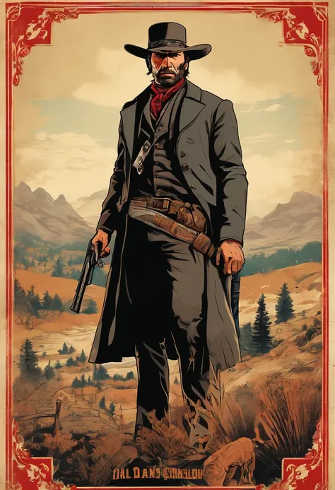 《Red Dead Redemption 2》Full body picture of a dangerous illegal gunman, Wearing a black fur coat,suit vest,clean shaven,without a beard,Detailed portrait, Vintage illustration, High-res, Realistic colors, intricate drawing, Vibrant colors, Dramatic lightin...