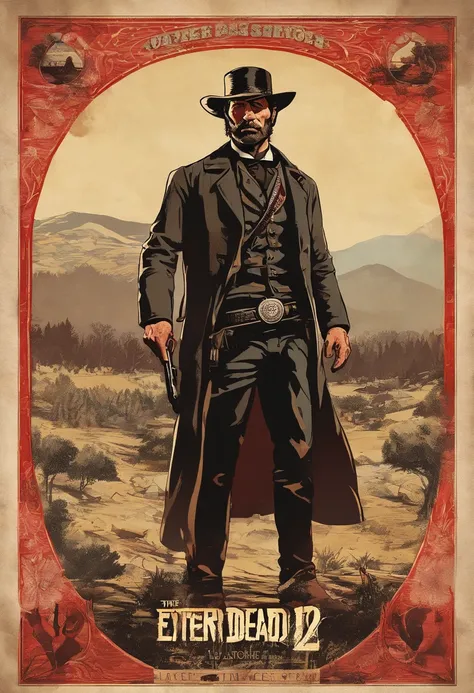 《Red Dead Redemption 2》Full body picture of a dangerous illegal gunman, Wearing a black fur coat,suit vest,clean shaven,without a beard,Detailed portrait, Vintage illustration, High-res, Realistic colors, intricate drawing, Vibrant colors, Dramatic lightin...