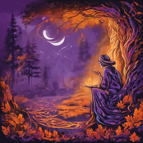 "(best quality, highres, ultra-detailed), The goddess casting mystical glowing spells in a haunted forest, orange and purple hues, portraits, vivid colors, extreme detail description, sharp focus, physically-based rendering, studio lighting, horror, witch,...