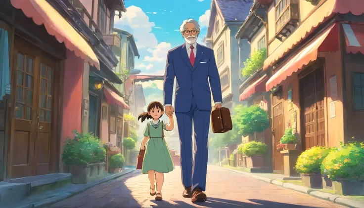 Uncle in suit with daughter，Return to your hometown with your luggage