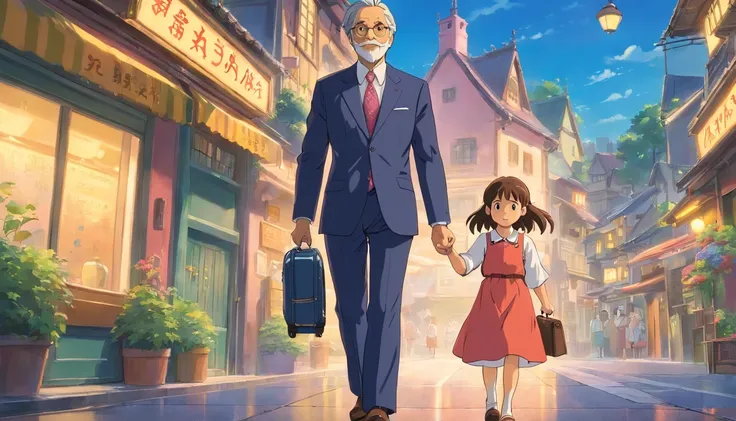 Uncle in suit with daughter，Return to your hometown with your luggage