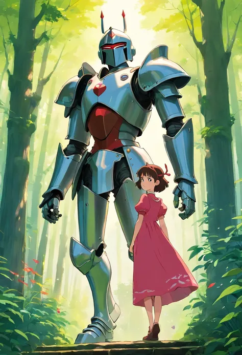 knight in metal armor looking at a princess in dress, they are off in the distance of a lush forest of trees landscape shot, painting with pallet knife and brush strokes, unreal engine, alphonse mucha style, makoto shinkai and lois van baarle style, global...