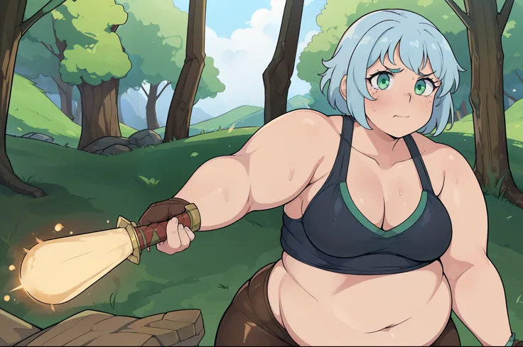 (((kipteitei art))), Masterpiece, high quality, best quality, beautiful, HD, perfect lighting, detailed face, detailed body, ((1girl)), ((solo)), small breasts, cleavage, ((((sagging breasts)))), tummy bulge, soft body, bob cut, light blue hair, blushing, ...